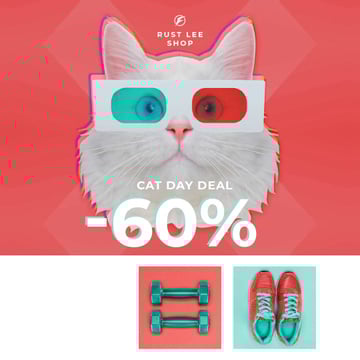 Funny Cat in 3D Glasses and Sports Equipment on Cat Day