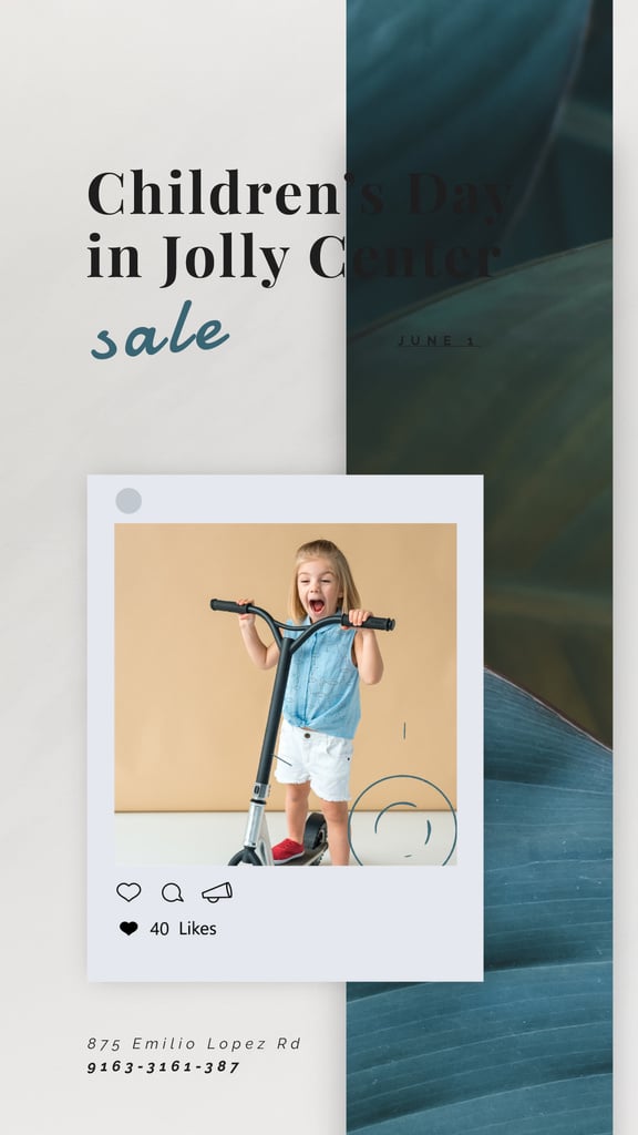 Children's Day Sale Girl Riding Kick Scooter | Vertical Video Template — Modelo de projeto Children's Day Sale Girl Riding Kick Scooter | Vertical Video Template — Modelo de projeto