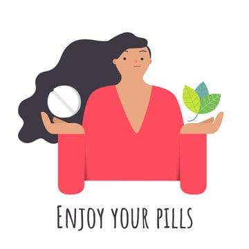 Woman holding herb and pill