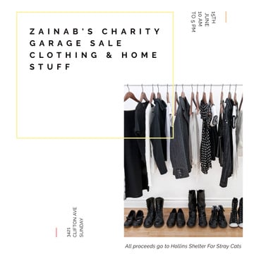 Charity Sale announcement Black Clothes on Hangers