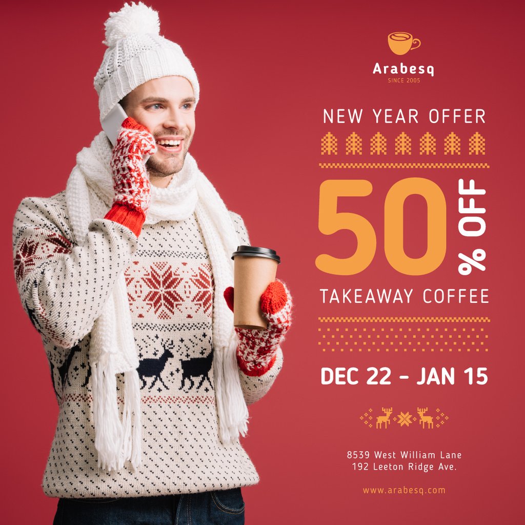 New Year Offer Man with Takeaway Coffee – Stwórz projekt New Year Offer Man with Takeaway Coffee – Stwórz projekt