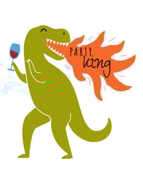 Funny Dinosaur with Glass of Wine breathing Fire
