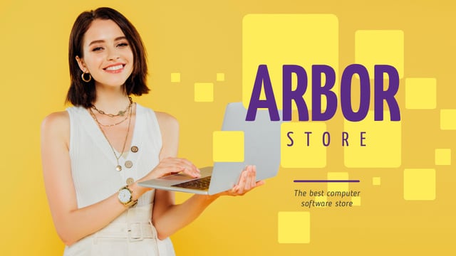 Plantilla de diseño de Smiling Young Woman with laptop Full HD video