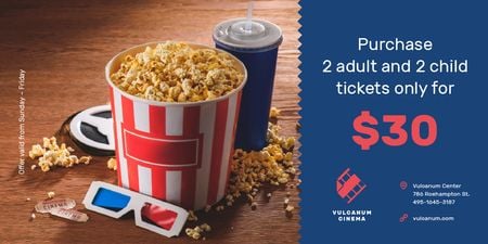 Cinema Offer with Popcorn and 3D Glasses Twitter Design Template