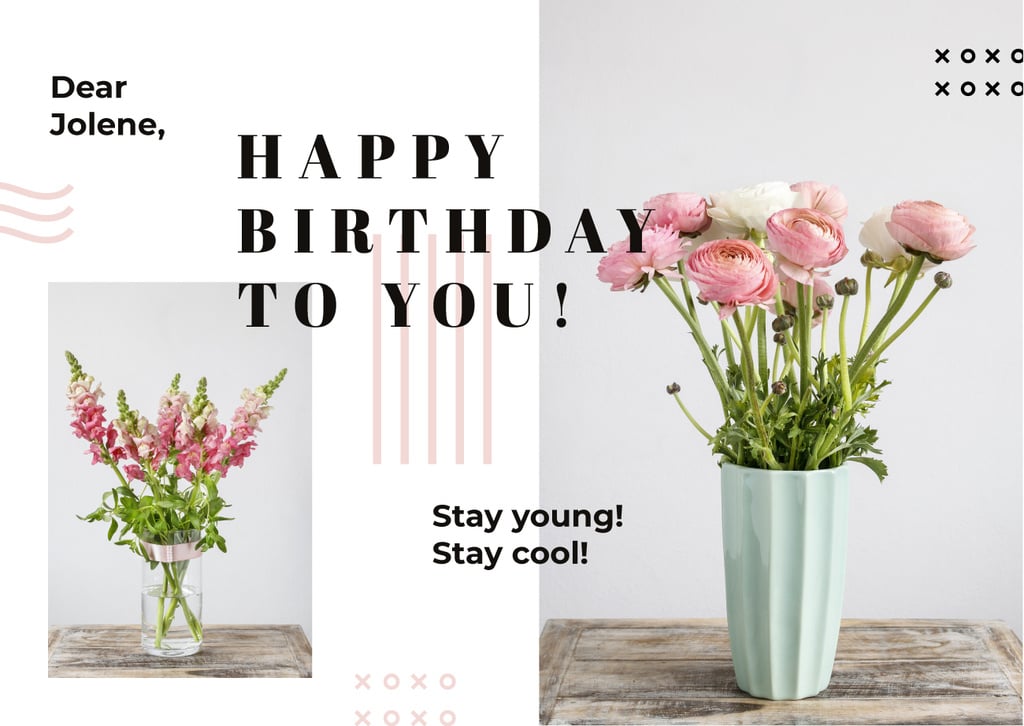 Birthday Greeting Pink Flowers in Vases | Card Template — Create a Design Birthday Greeting Pink Flowers in Vases | Card Template — Create a Design