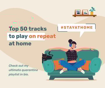 #StayAtHome Woman listening music on sofa with cat