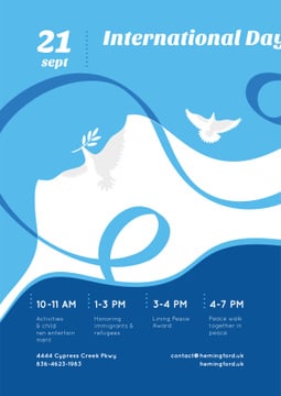 International Day of Peace with Dove Birds on Blue