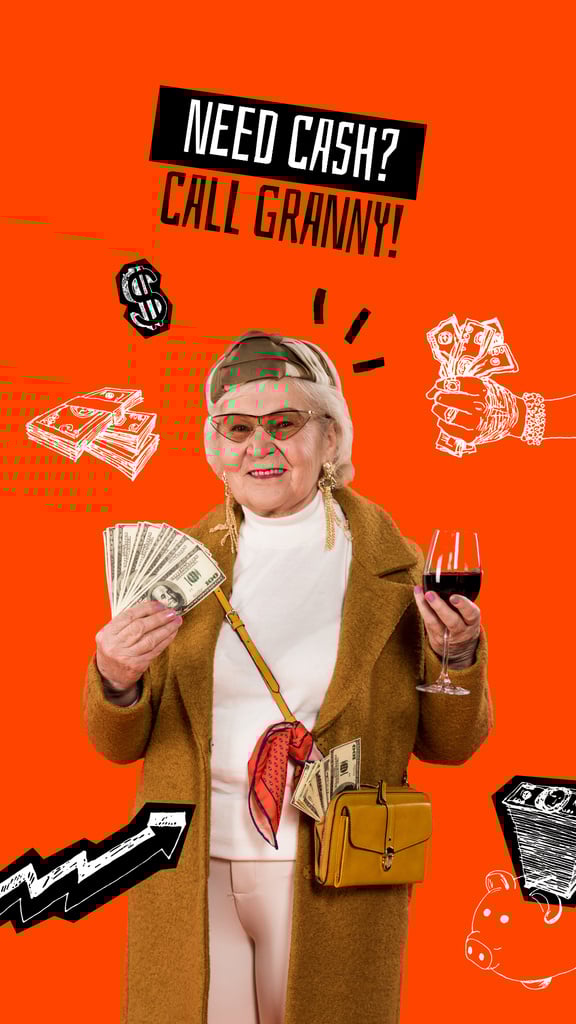 Funny Granny holding Dollars and Wine Instagram Story – шаблон для дизайна
