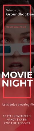 Movie Night Event Woman in 3d Glasses Skyscraper Design Template