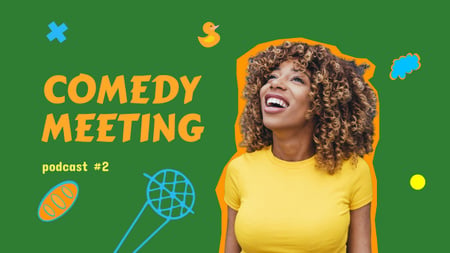 Comedy Podcast Announcement with Smiling Woman Youtube Thumbnail Design Template