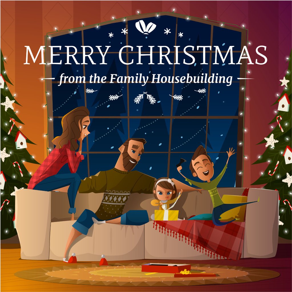 Merry Christmas Greeting Family with Kids by Fir Tree — ein Design erstellen Merry Christmas Greeting Family with Kids by Fir Tree — ein Design erstellen