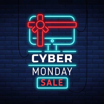 Cyber Monday with Neon sign with gifted computer