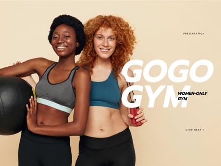 Gym for Women Ad with Smiling Athlete Girls Presentation Design Template
